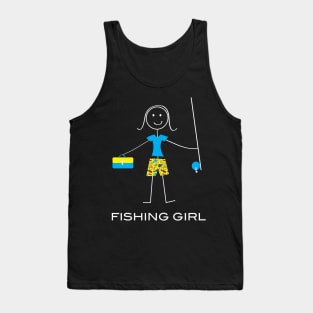 Funny Fishing Girl Illustrated Stick Girl Fisherwoman Tank Top